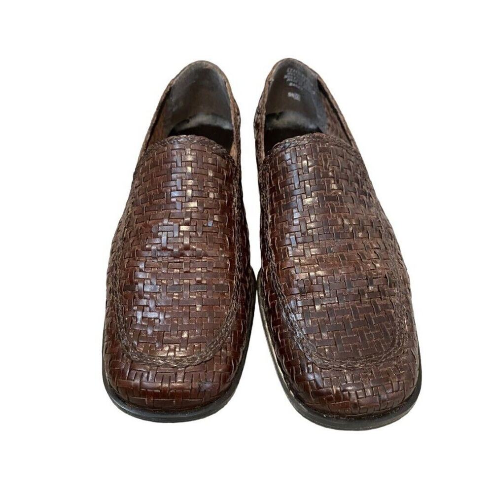 9N Enzo Angiolini Sark Brown Woven Leather Blaock‎ Heel Flats Career Shoes